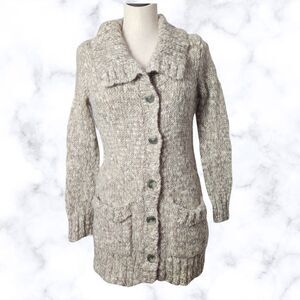 J Jill Women Sweater Beige Duster Cardigan Cable Knit Fisherman Wool Blend XS